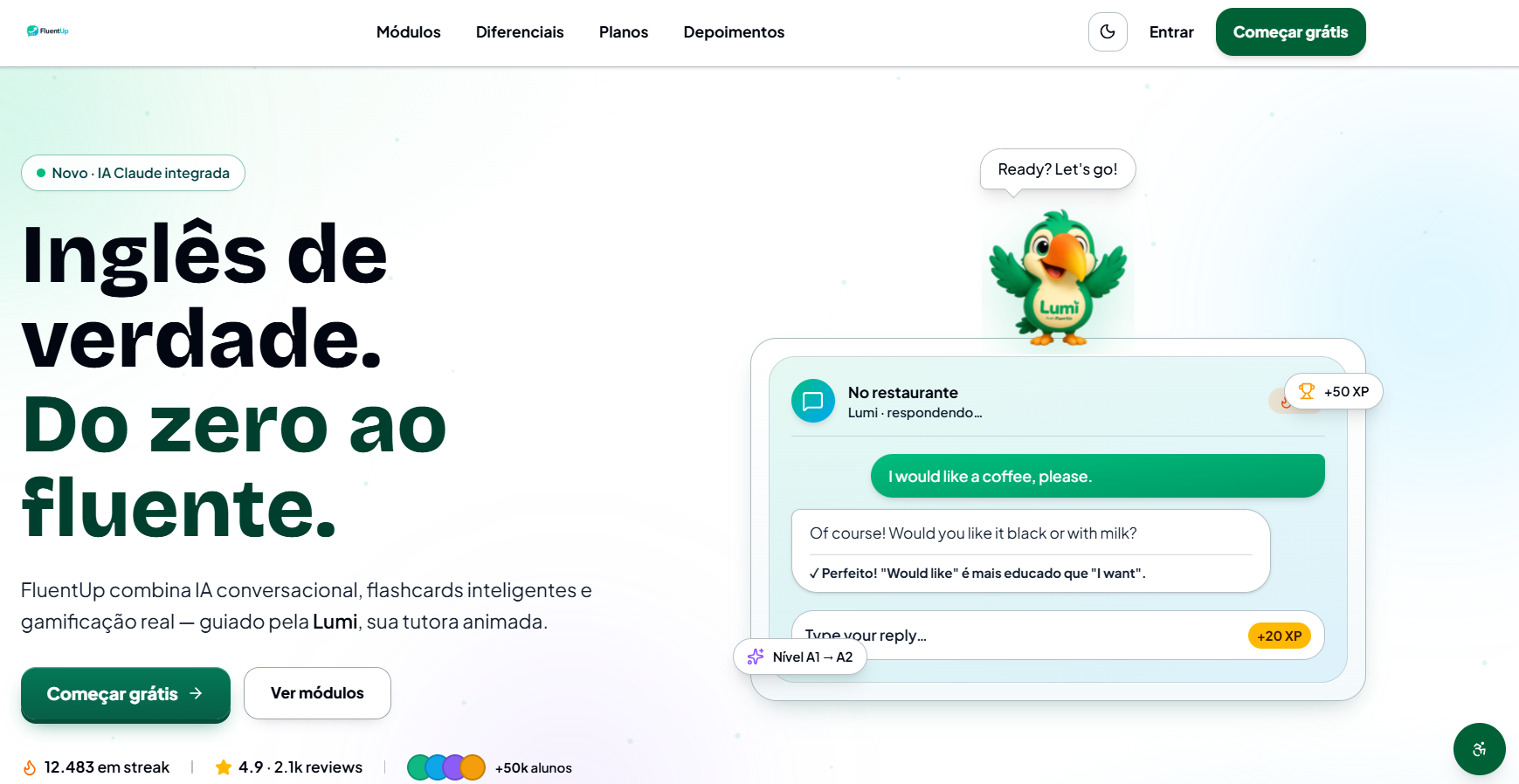 Fluent Up: aplicativo de inglês com inteligência artificial e a tutora Lumi